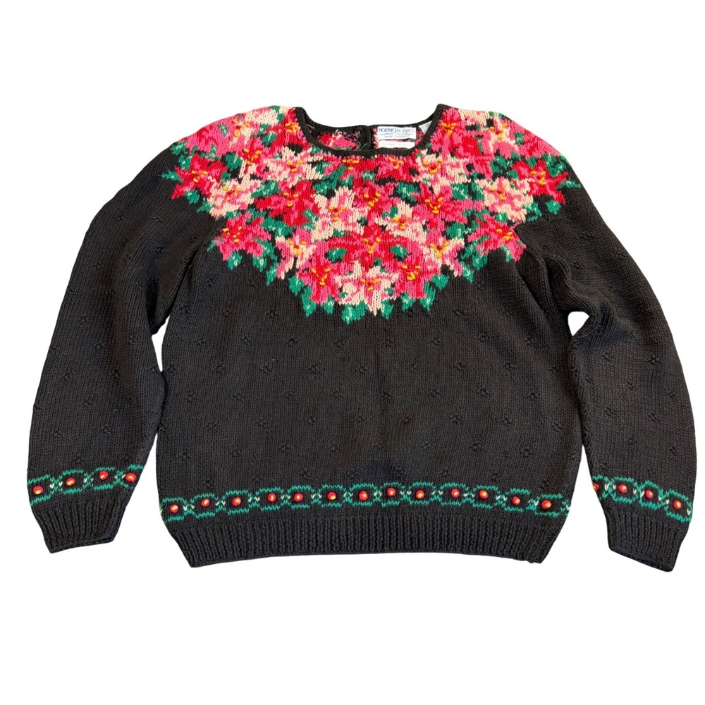 Northern Isles Sweater Womens Petite Large Vintage Floral Hand Knit Grannycore
